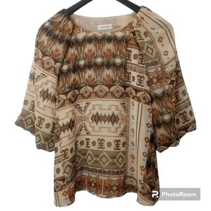 Calvin Klein Printed Crew Neck Elbow Length Sleeve Blouse Size Large